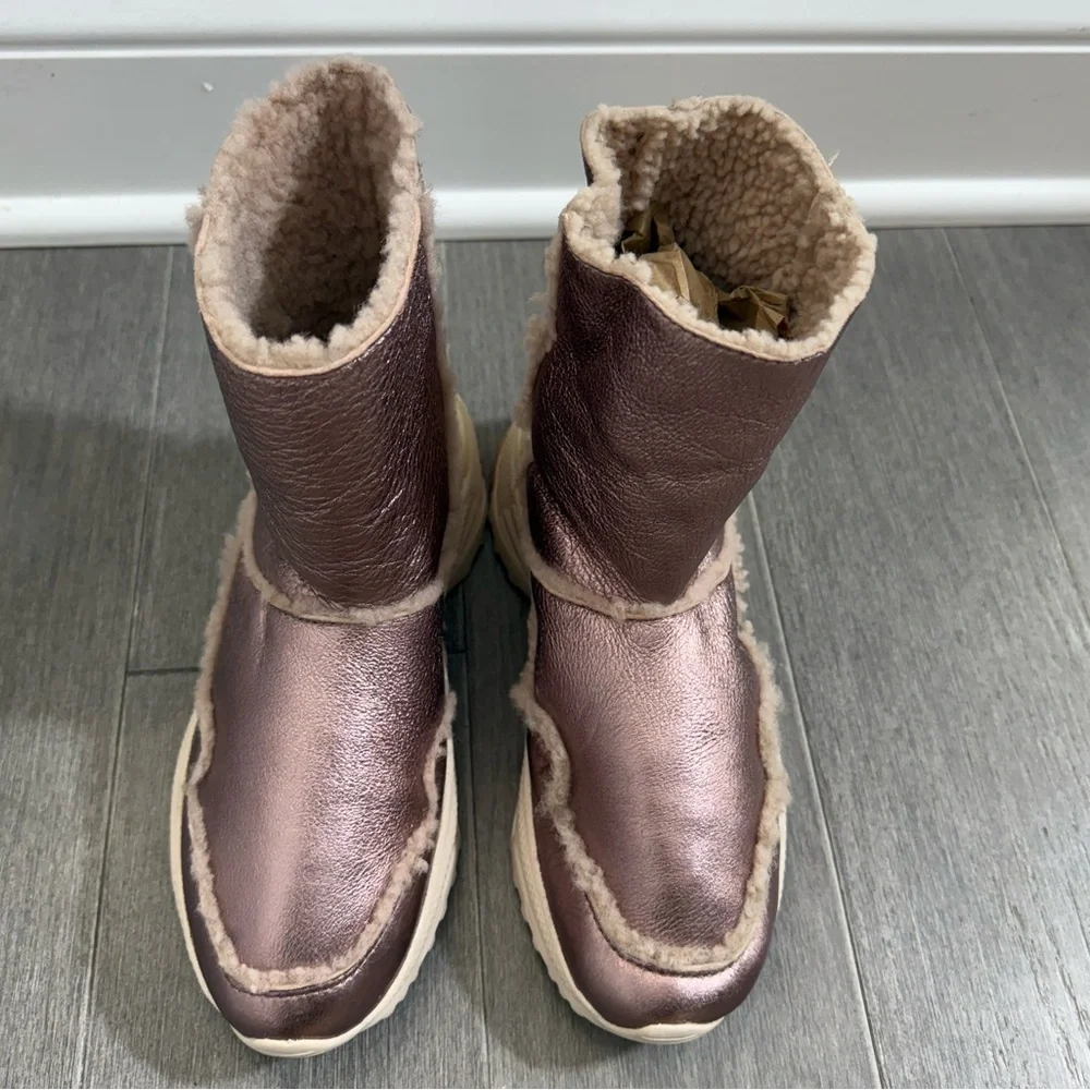 NEW Coach Portia Cold Weather Bootie Pink Metallic Rose Gold Shearling Boot 5